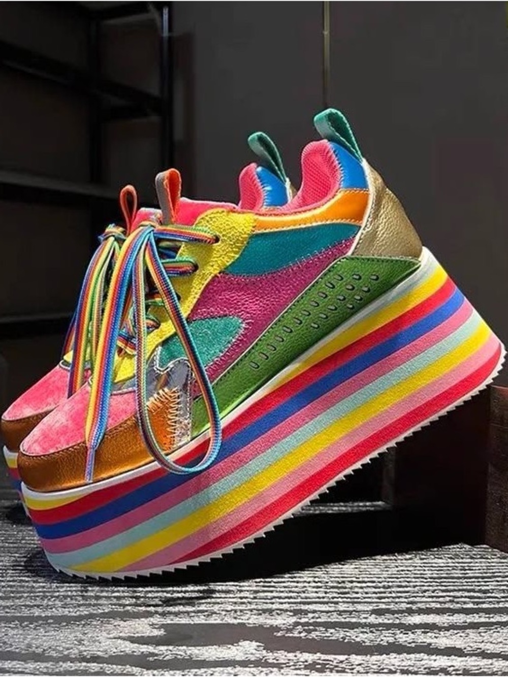 Women's Rainbow Platform Sneakers — Colorful Multi-Stripe Casual Shoes